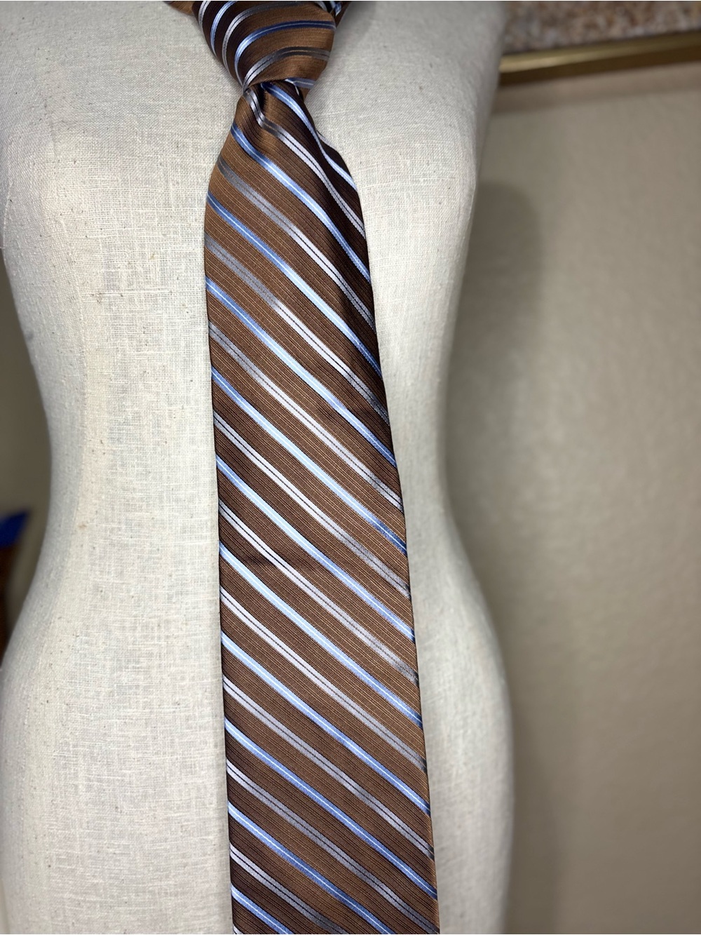 Claiborne Men’s 100% Silk Handmade Striped Tie Brown Blue Silver Classic